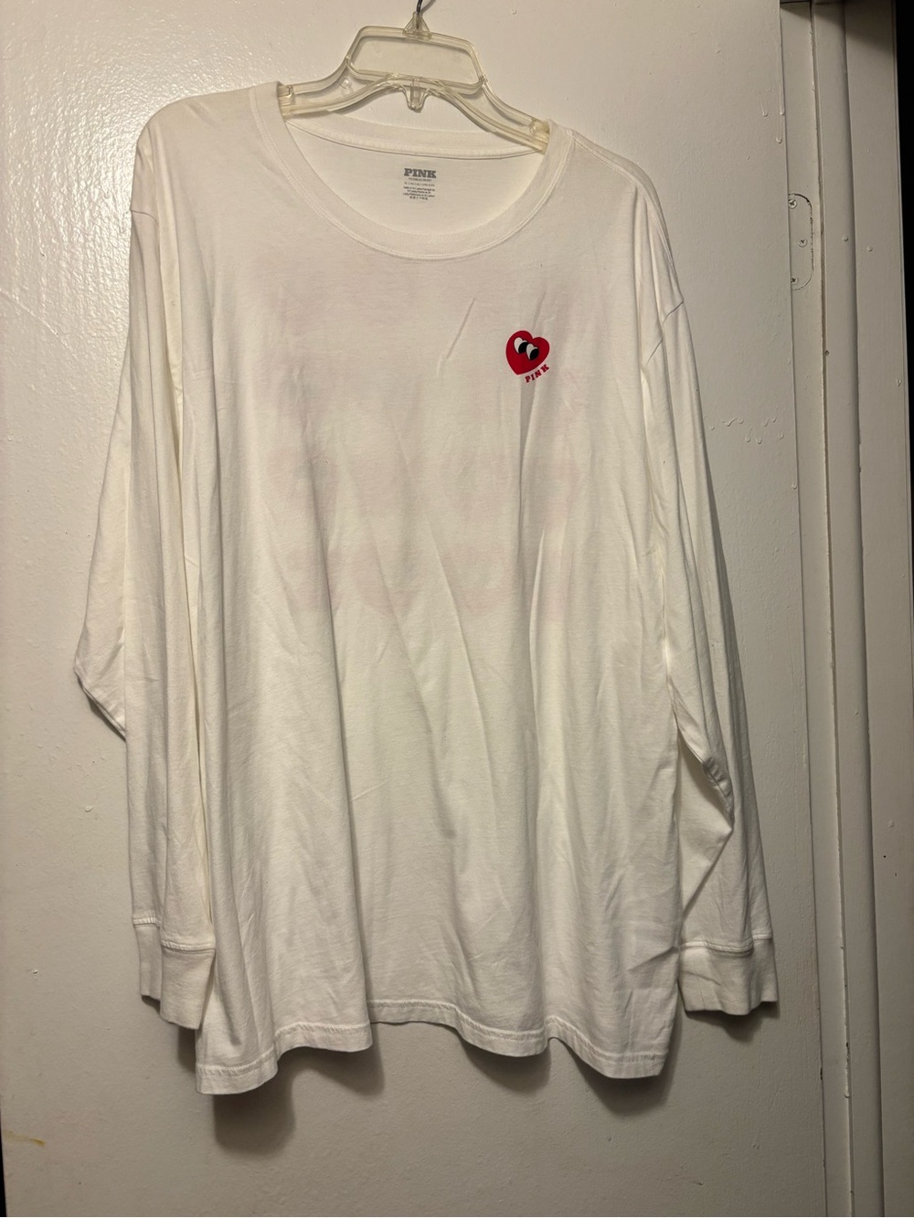 PINK Victoria's Secret White Long Sleeve Crewneck with Red Heart Patch